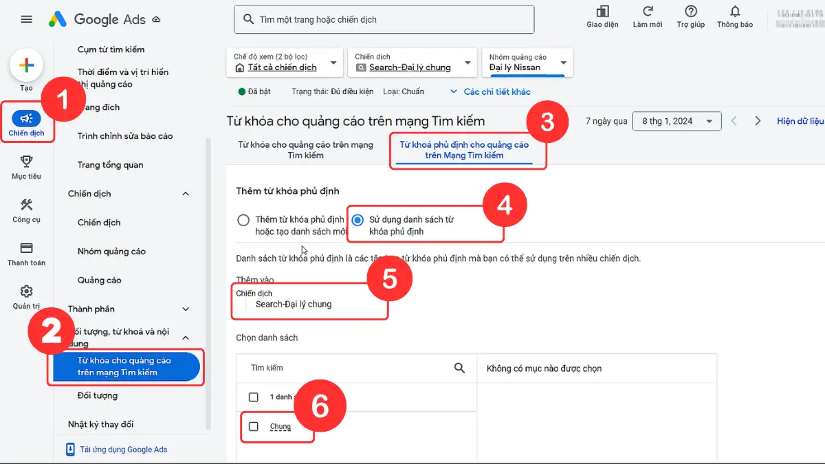 Cách áp dụng cho danh sách từ khoá phủ định