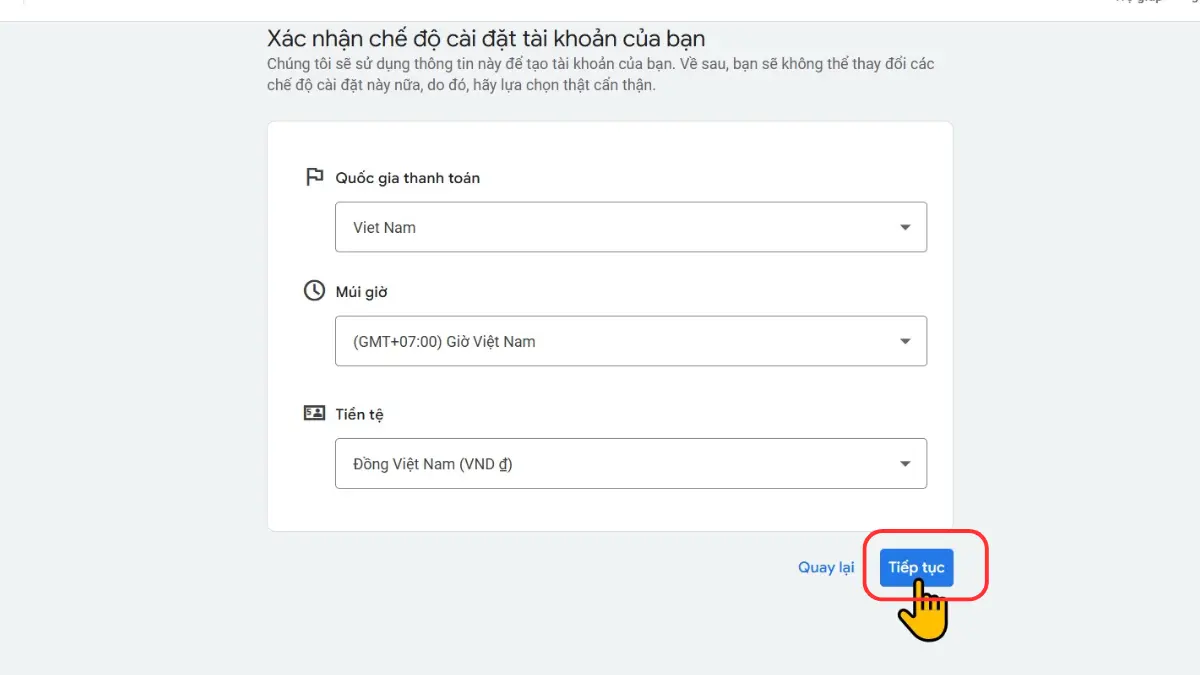chế độ cài đặt tài khoản