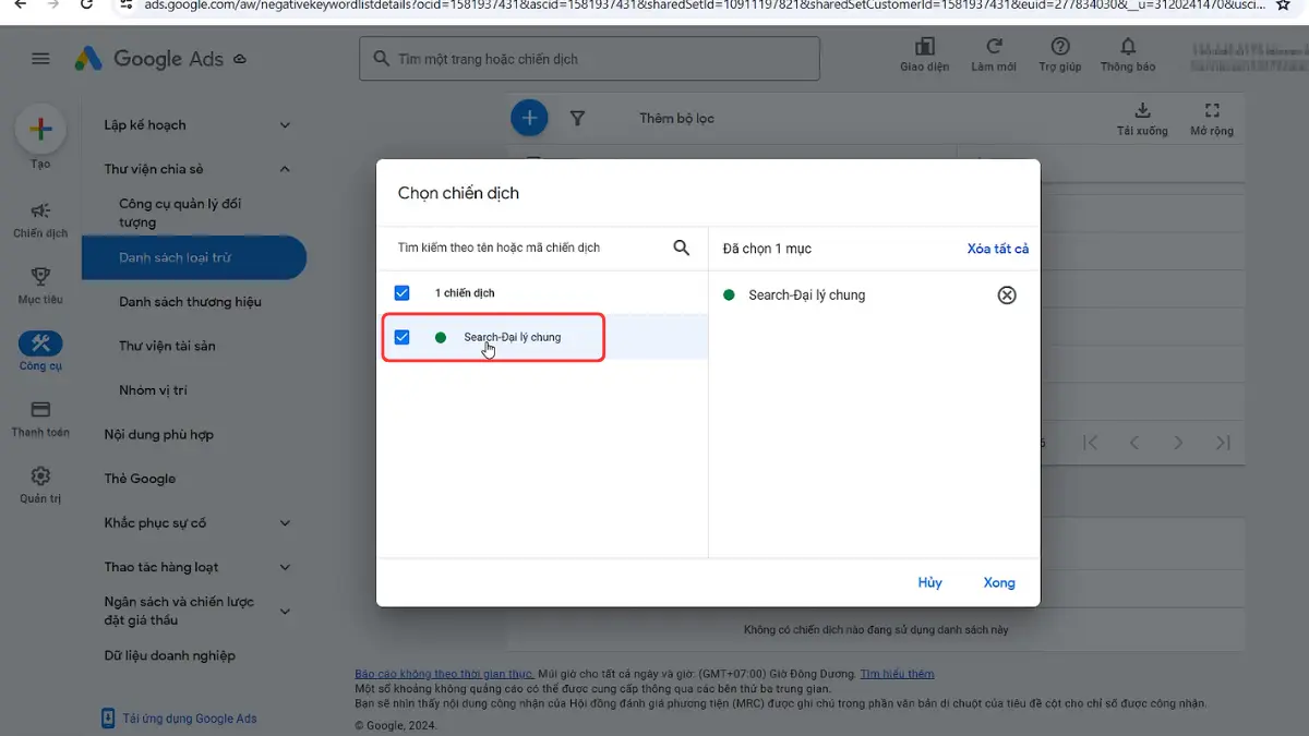 chọn chiến dịch áp dụng danh sachs phủ định