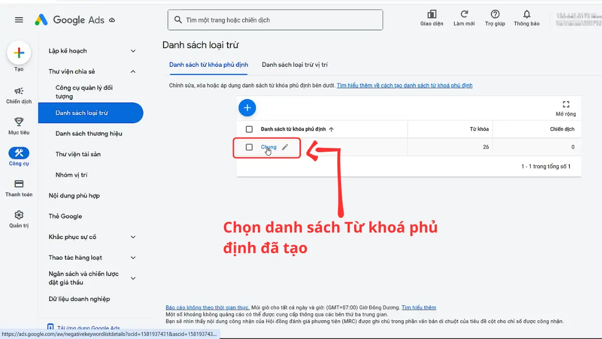 chọn danh sách phủ định