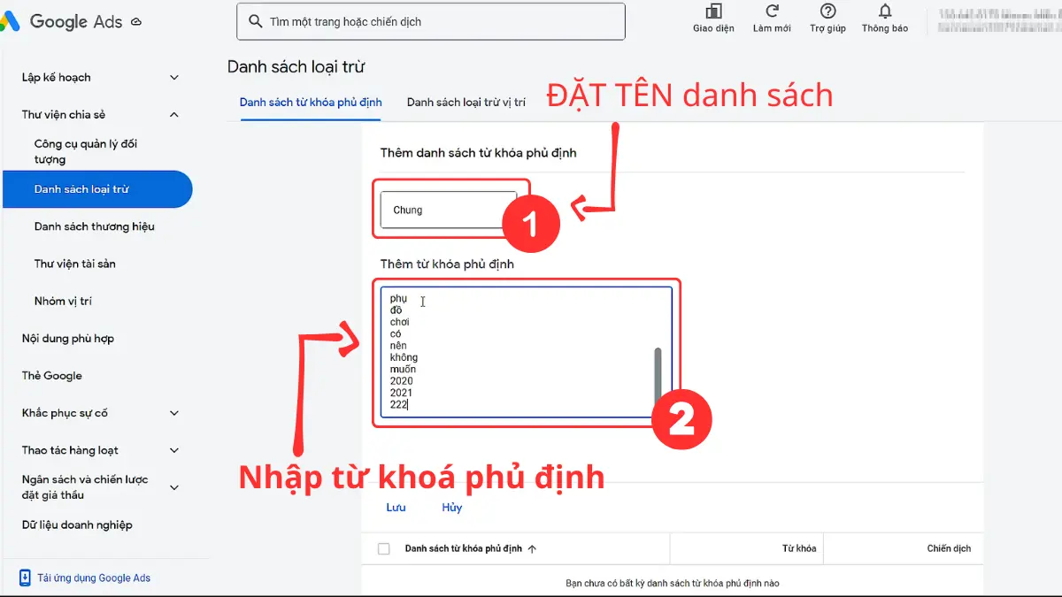 đặt tên và nhập từ khoá phủ định