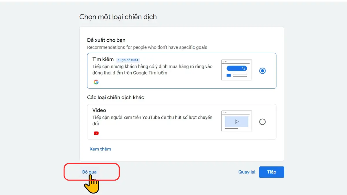 bỏ qua đề xuất chiến dịch google ads