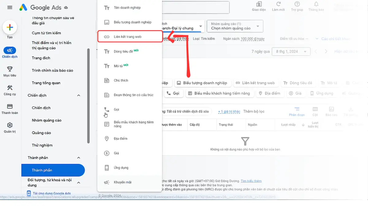 thành phần liên kết trang web