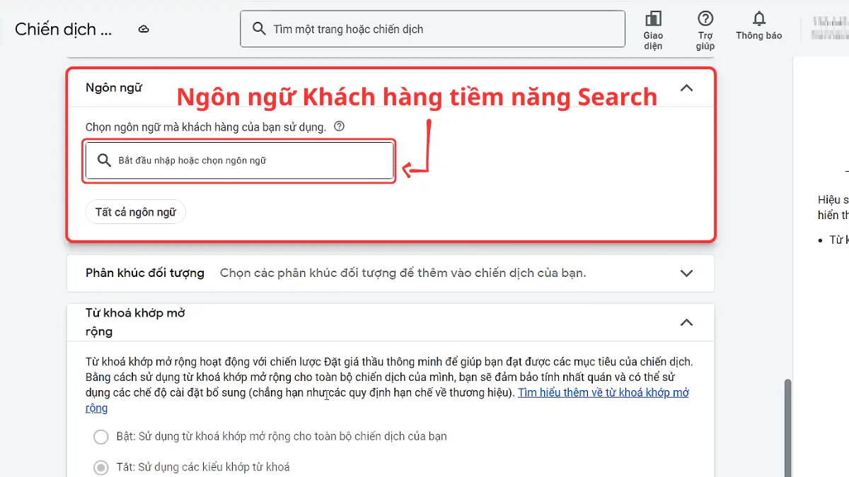 ngôn ngữ quảng cáo Google Ads