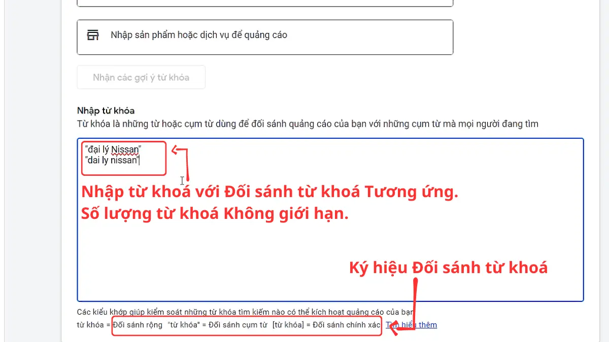 nhập đối sánh từ khoá google ads