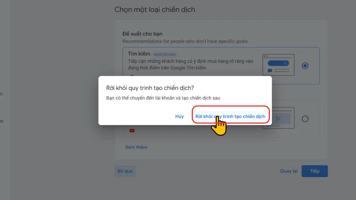 rời quy trình tạo chiến dịch