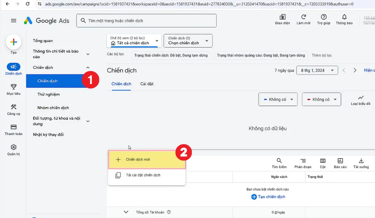 tạo chiến dịch mới Google Ads