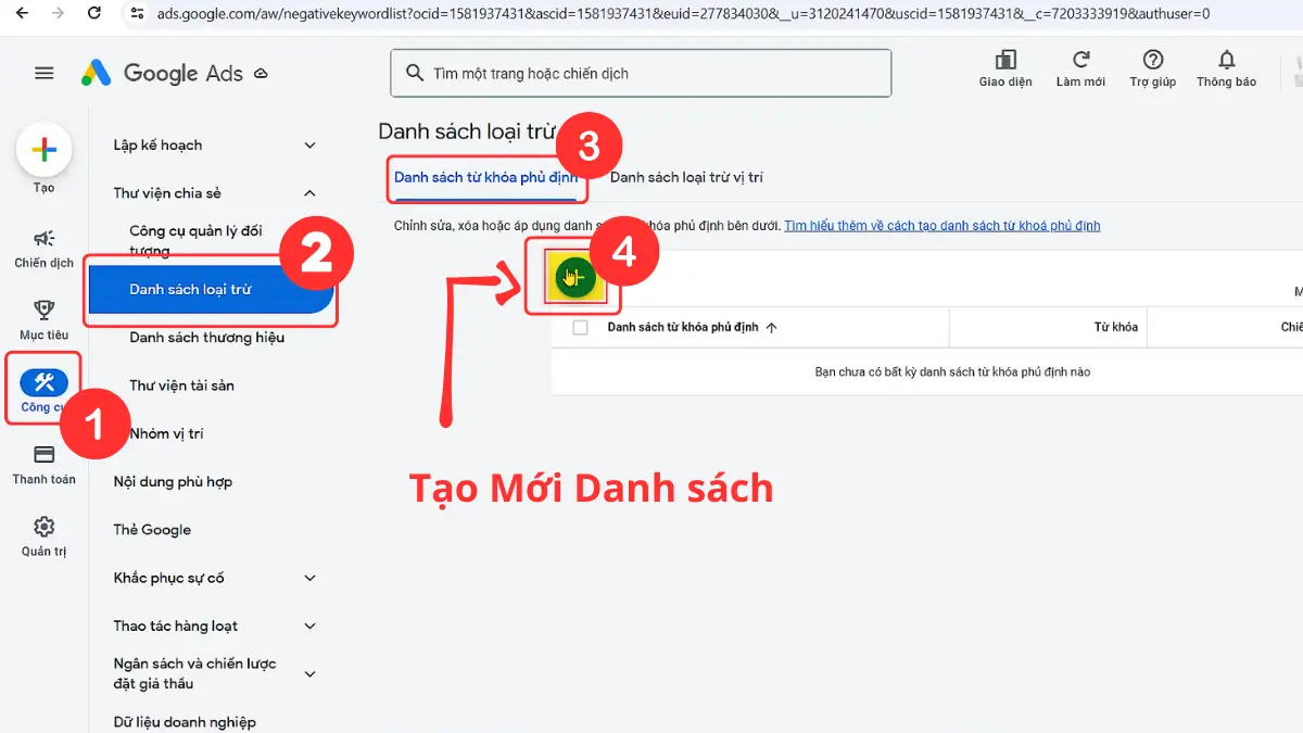tạo danh sách từ khoá phủ định
