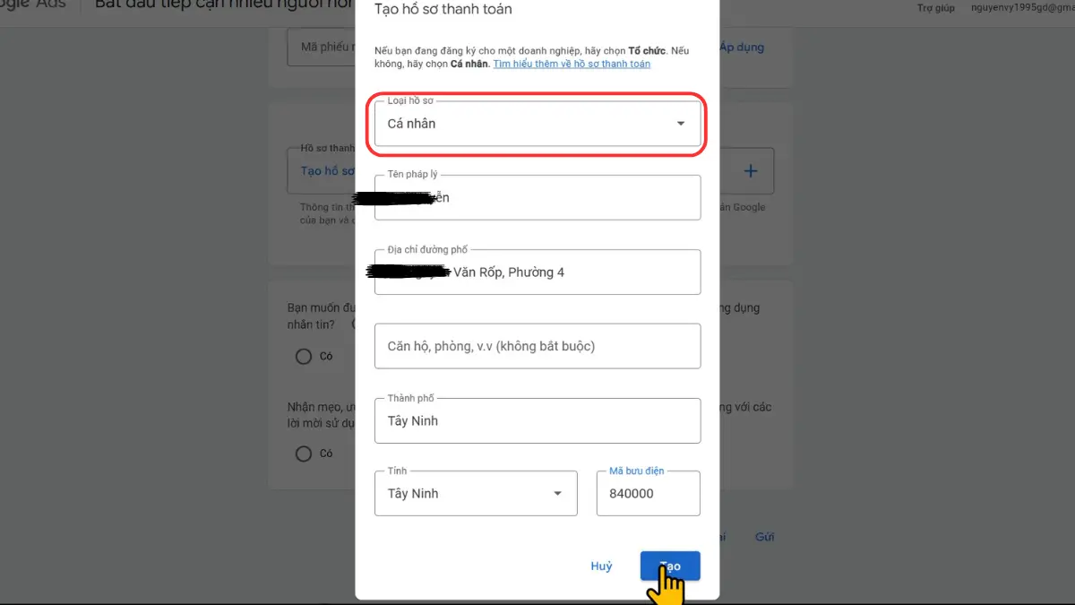 tạo hồ sơ thanh toán google ads
