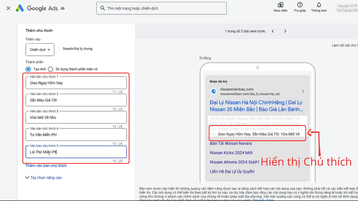 tạo thành phần chú thích google ads