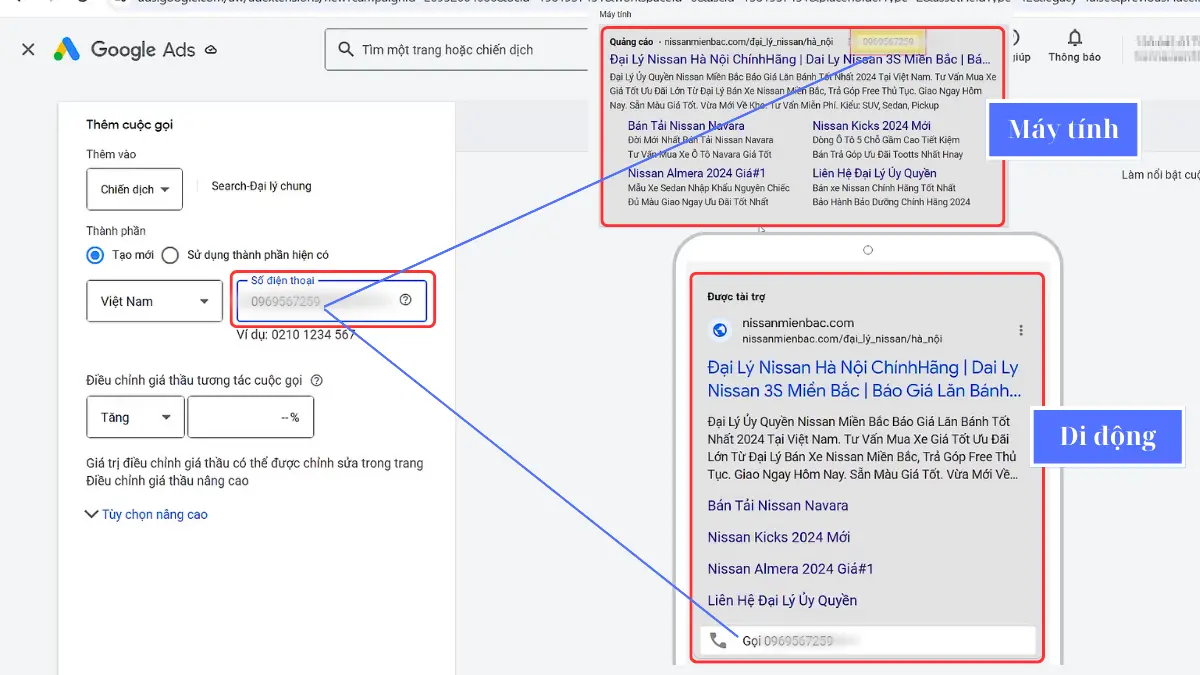 tạo thành phần cuộc gọi google ads