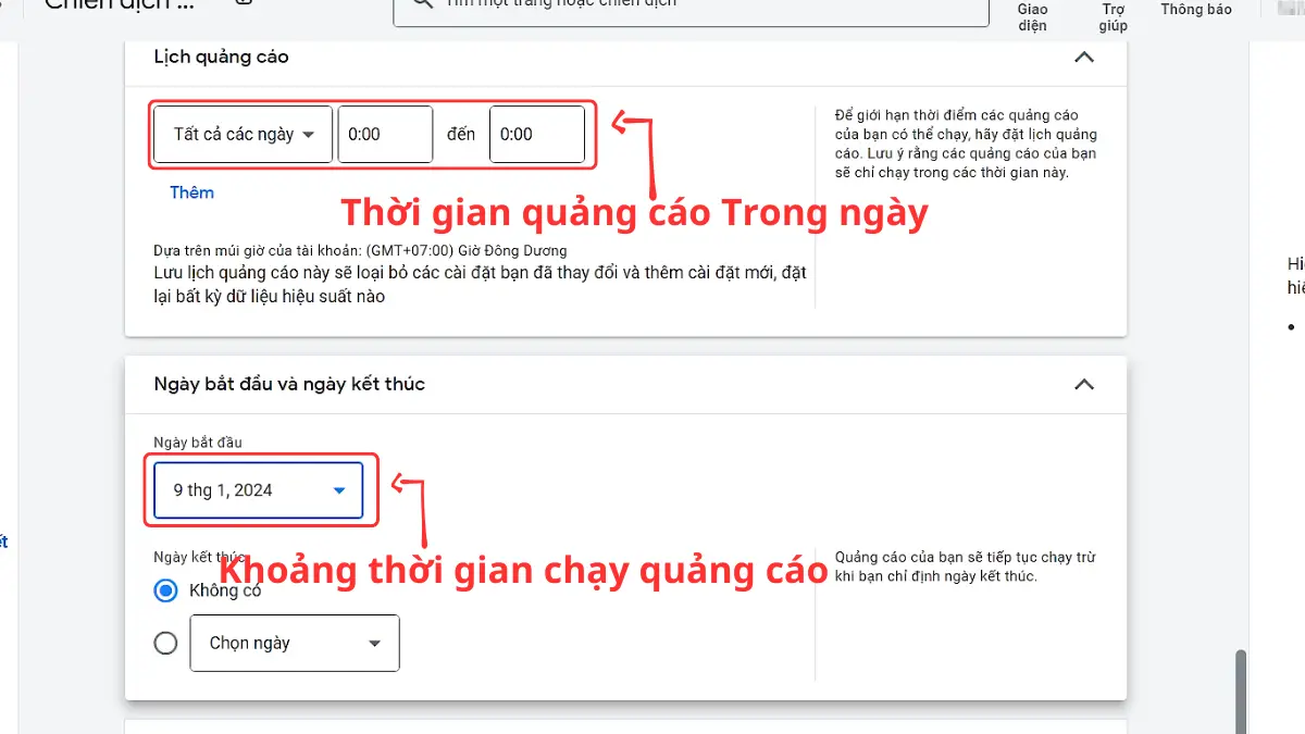 thời gian quảng cáo google ads