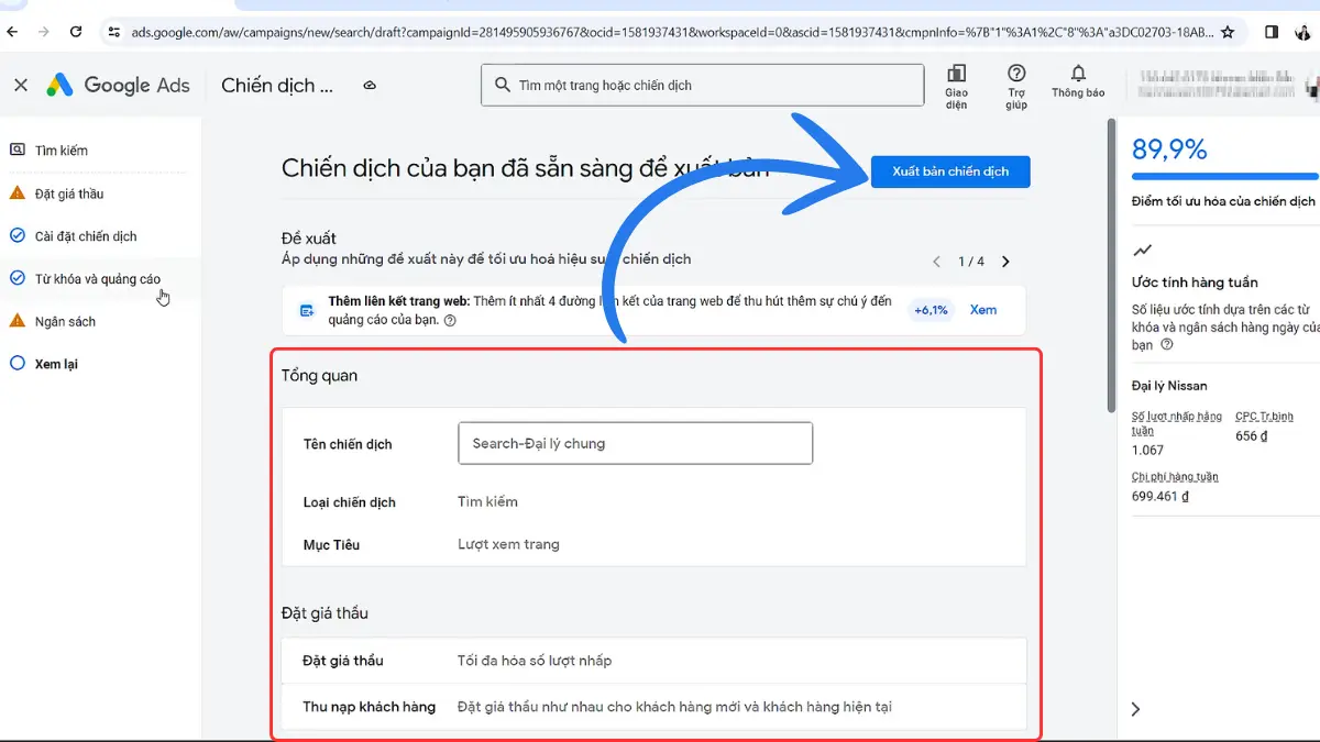 xuất bản chiến dịch Google Search
